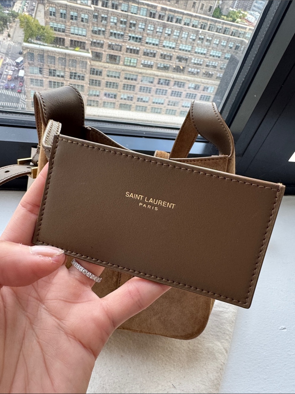 Saint Laurent Brown Suede Shoulder Bag with Gold YSL Logo - Picture 4 of 6